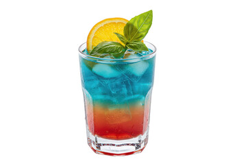 A colorful blue and red 4th of July layered cocktail beverage in a glass with ice cubes orange slice and basil leaves as garnish on transparent background