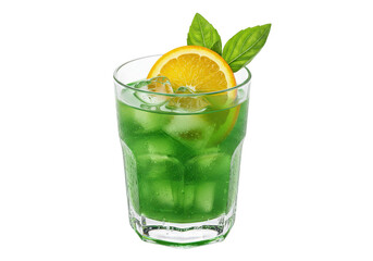 Refreshing green midori sour cocktail  with ice orange slice and basil leaves in a clear glass isolated on transparent background