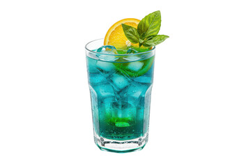 Tall glass filled with a vibrant arctic glow drop blue and green layered cocktail garnished with orange slice and basil leaves on top drink on transparent background