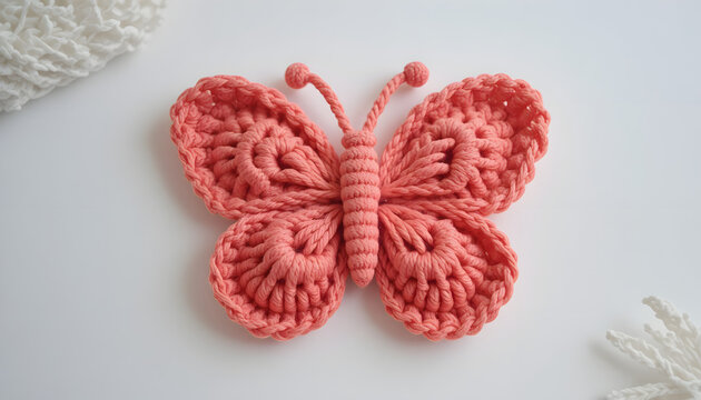 Handmade crochet butterfly coral color perfect for baby room decoration or a gift
