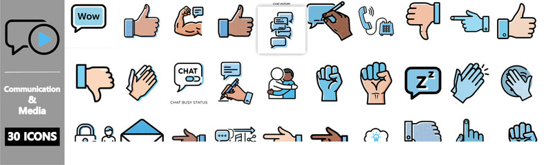 A collection of 30 communication and media icons, featuring various gestures, social media symbols, and interaction elements.