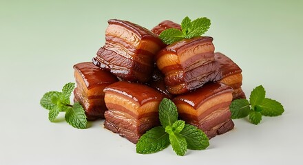A stack of glossy, braised pork belly cubes garnished with fresh mint leaves on a light green background.