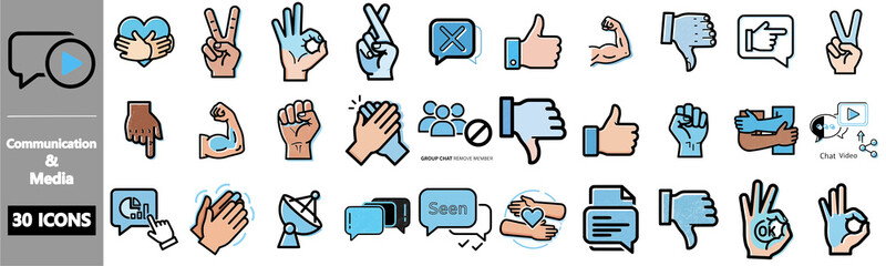 Set of communication and media icons with hands and speech bubbles.