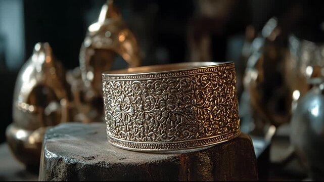 Intricate, handcrafted bracelet showcases exquisite metalwork and design.