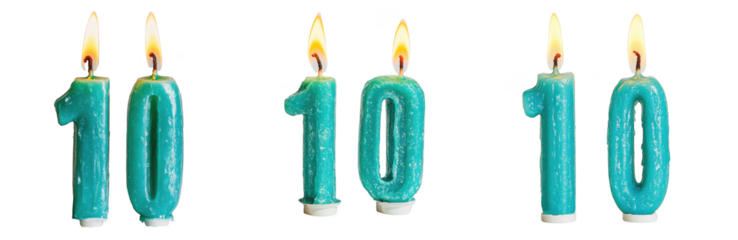 Three teal number 10 birthday candles burning brightly, isolated on transparent background