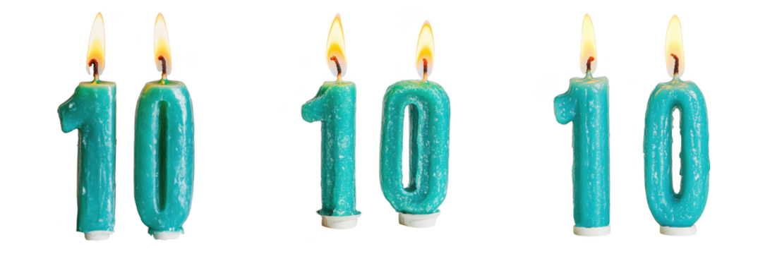 Three teal number 10 birthday candles burning brightly, isolated on transparent background