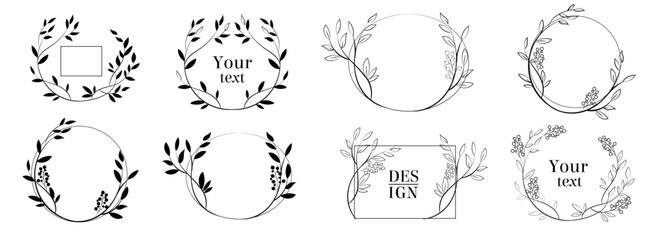 Botanical vector wreath frames set, minimal floral line art templates, elegant leaf and branch round logo design elements