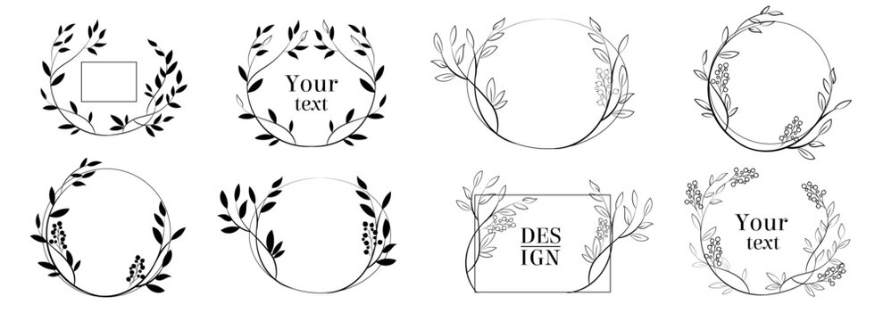 Botanical vector wreath frames set, minimal floral line art templates, elegant leaf and branch round logo design elements
