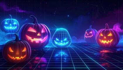 Vibrant neon Jack-o’-lantern pumpkins with glowing faces on retro grid background, digital Halloween fantasy. Futuristic pumpkin lanterns, glowing lights, virtual party, 1980s cyber theme