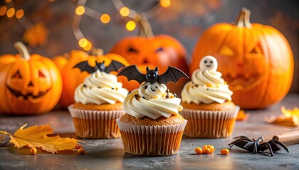 Halloween cupcakes with bat toppers and pumpkin cream, set against glowing jack-o’-lanterns background. Spooky themed dessert, festive fall baking, party sweets, autumn creative treats.