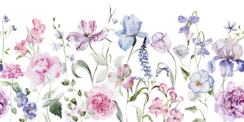 Watercolor seamless border - floral flower illustration with green leaves, branches. Purple, pink, burgundy, maroon, violet colour. Wedding stationary, greetings, wallpapers, fashion, backgrounds. © Veris Studio