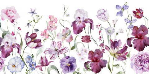 Watercolor seamless border - floral flower illustration with green leaves, branches. Purple, pink, burgundy, maroon, violet colour. Wedding stationary, greetings, wallpapers, fashion, backgrounds.