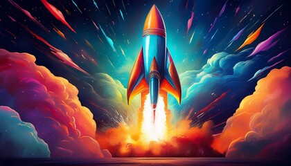 colorful rocket launching into the sky