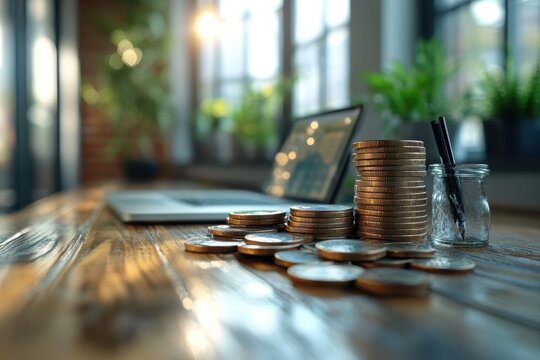 A modern workspace featuring stacked coins and a laptop in a sunny, plant-filled environment