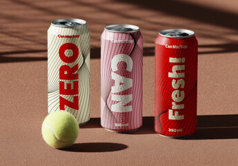 Aluminum Drink Can Mockup on Tennis Court with Ball