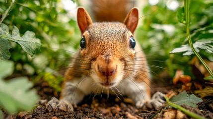 Fototapeta premium Curious red squirrel with bright eyes and whiskers exploring the forest floor surrounded by green leaves and natural woodland environment close-up perspective