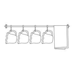 Cups and kitchen towel on dryer. Coloring page.