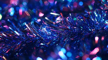 Shiny blue and pink tinsel close-up, sparkling festive rain decoration texture for Christmas, New, Year celebration background