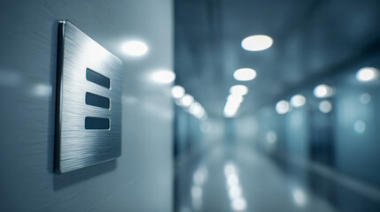 Modern metallic elevator control panel with sleek buttons in a shiny reflective corridor illuminated by overhead lights creating a futuristic atmosphere