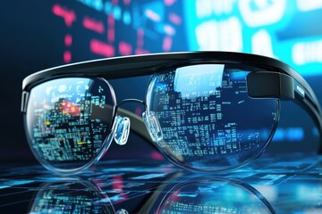 Advanced smart glasses displaying digital data in a futuristic environment