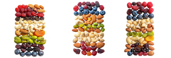 Three stacks of mixed dried fruit and nuts, isolated on transparent background