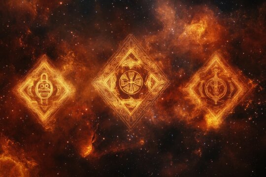 Intricate cosmic symbols glowing in a vibrant, star-filled galaxy background