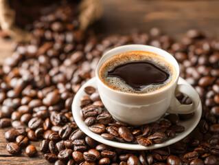 Fototapeta premium Close-up of a freshly brewed cup of black coffee surrounded by scattered roasted coffee beans with a rustic wooden background for a rich aroma experience