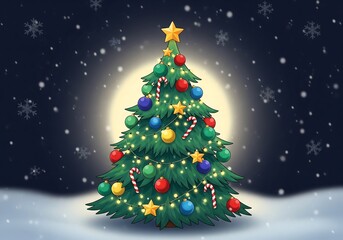 Obraz premium Festive christmas tree illuminated in a snowy night