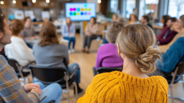 Medium shot of a scrum master using a speech device facilitating retro, emoji feedback board on screen, informal circle, soft ambient light, collaborative warmth, agile, retrospect