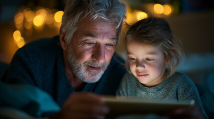 Bedtime medium shot of an uncle using a speech device to read a story, child listening, tablet glow, calm night light, gentle routine, bedtime, accessibility, speech device, family