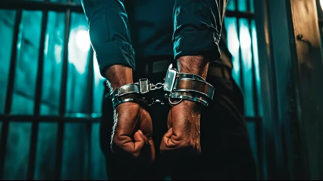 A tense scene showing hands in handcuffs against a dark backdrop.