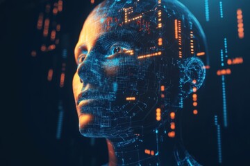 Innovative digital human face with glowing circuitry and data patterns at night