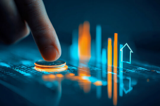 Close-up of finger interacting with futuristic digital financial interface showing glowing charts and an upward arrow signifying market growth and investment trends - Powered by Adobe