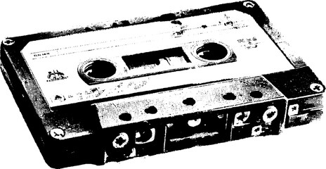 Retro cassette tape high contrast black and white illustration set for vintage design