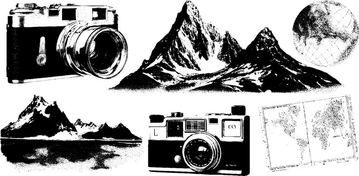Vintage camera and mountain scene compilation for creative design