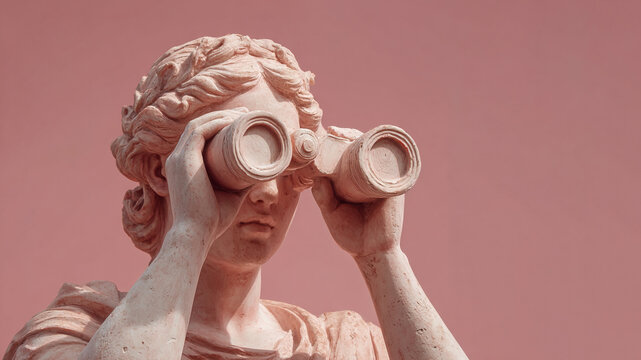 Ancient female statue looking through binoculars on pink background	