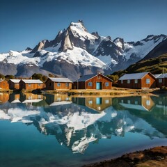 Fototapeta premium A Patagonian village in Chile, with wooden houses by a crystal-clear lake and towering glaciers in the background.
