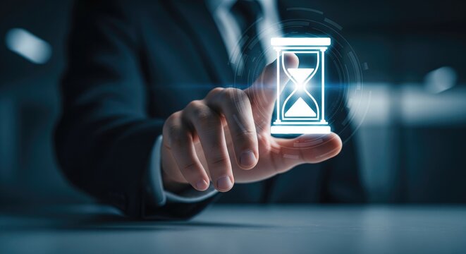 A businessman interacting with a virtual hourglass, symbolizing time management.