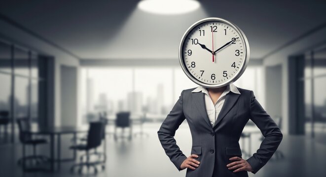A businesswoman with a clock for a head symbolizing time management.
