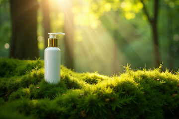 Nature Glow: White Cosmetic Pump Bottle in Forest Sunlight