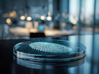 Futuristic biometric fingerprint scan displayed on a transparent glass digital interface device in a modern technology office environment reflecting security and identifi