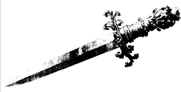 Black and white halftone dagger illustration with gothic floral handle &mdash; design for tattoo or poster