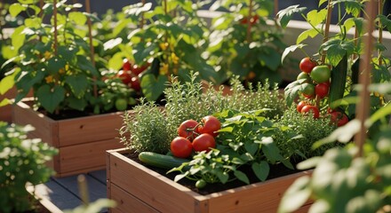 Vibrant vegetable garden showcasing fresh tomatoes, herbs, and cucumbers in wooden boxes.