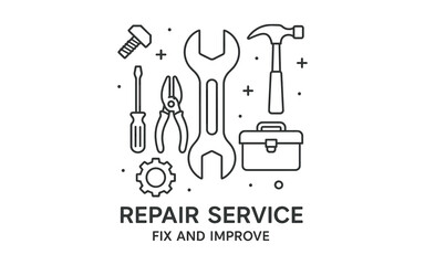 Fototapeta premium Repair service tools outline design for diy and maintenance projects