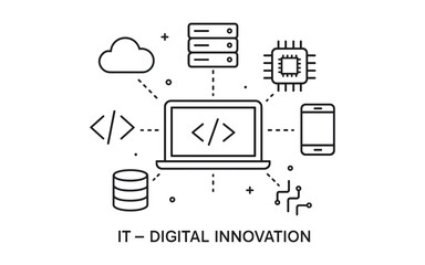 Obraz premium Modern technology concept with coding symbols and digital devices in linear style
