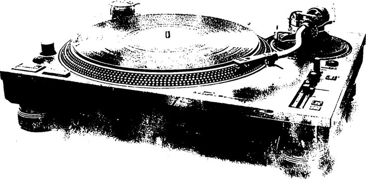 Black and white halftone dj turntable design for music posters and retro art