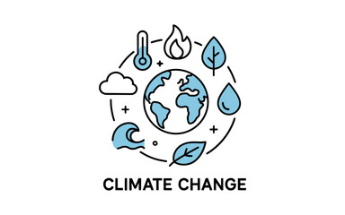 Fototapeta premium Climate change concept with earth and environmental symbols in linear style