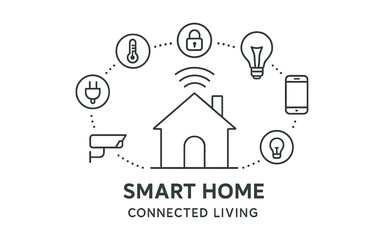 Fototapeta premium Smart home technology with connected devices and wireless controls in line art style