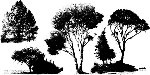 Obraz premium Vintage black and white halftone silhouettes of trees for artistic design and decor