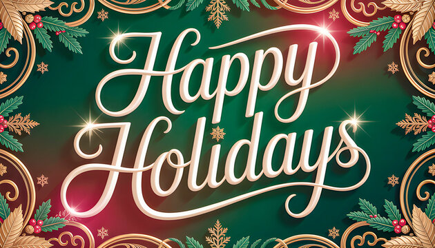 A festive Christmas greeting card displays the words Happy Holidays in bright cheerful letters surrounded by snowflakes and holly bringing warmth and joy to the holiday season